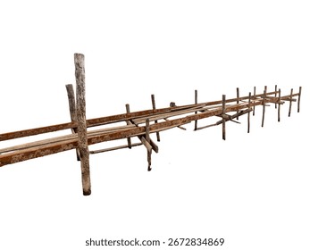 Old rusty bridge with sharp spikes isolated on white background.