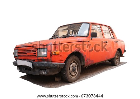 Old rusty car, isolated on white background. Car isolated in detail.