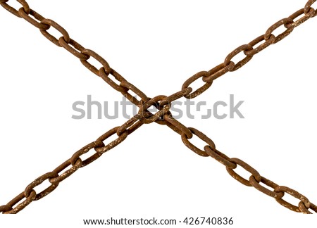 Old Rusty Chains, X shape. Isolated on White Background.