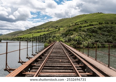 Old rusty closed train tracks leading through the Douro valley towards Porto, Portugal