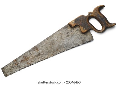 an old rusty crosscut saw on white background