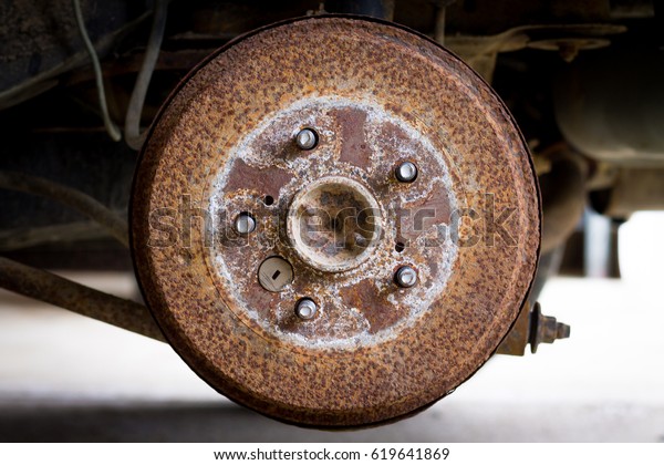 Old rusty drum brake on old\
car