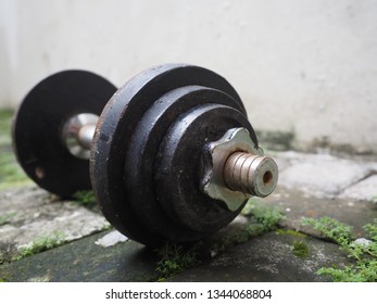 An Old Rusty Dumb Bell With White Background Close Up Detail. Side View