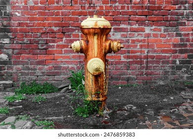 Old rusty fire hydrant next to a brick wall.