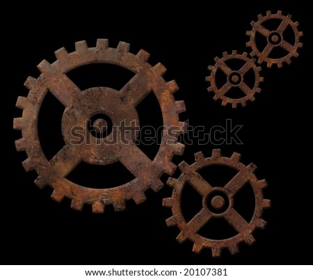 Old rusty gears isolated on black background