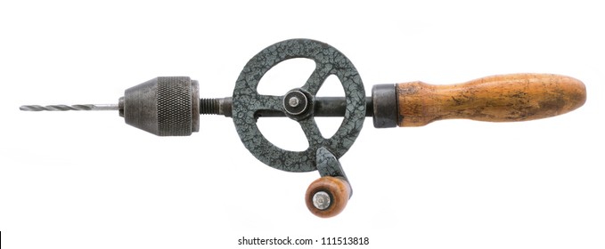 Old Rusty Hand Drill Isolated Over White