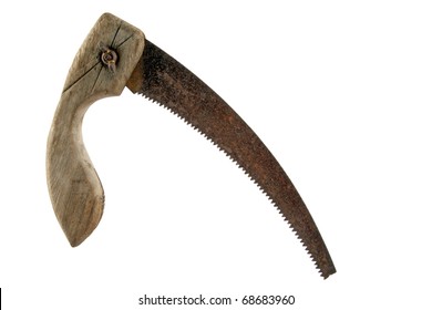 Old rusty hand saw on white background