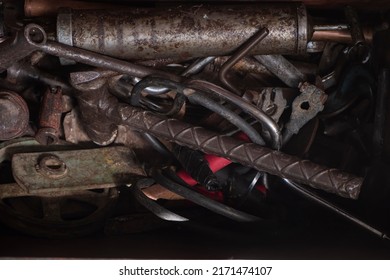 Old Rusty Hand Tools In A Metal Toolbox	