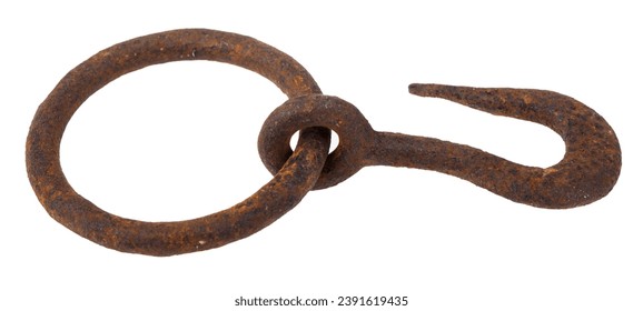 Old rusty hook isolated on white background. Detail for design. Design elements. Macro. Background for business cards, postcards and posters.