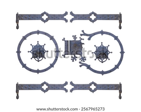 old and rusty lock, door hinges, and handle isolated on white background
