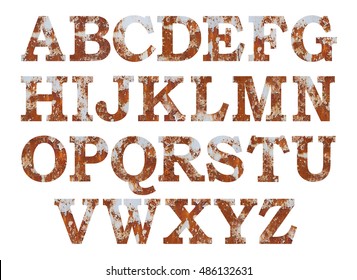 Old rusty metal alphabet set, isolated over the white background