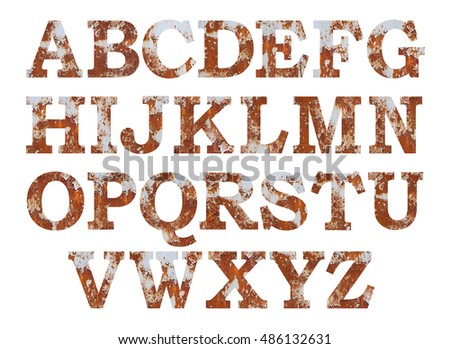 Old rusty metal alphabet set, isolated over the white background