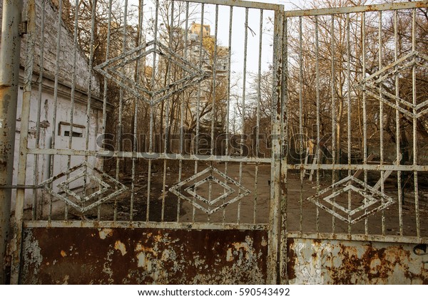 Old rusty\
metal gate with traces of old paint. Iron old rusty entrance gate\
for car in deserted park. Vintage worn with traces of old paint\
rusty grid iron doors. Rusty iron\
gates