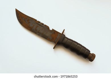 Old Rusty Military Knife Isolated On White Background Closeup.