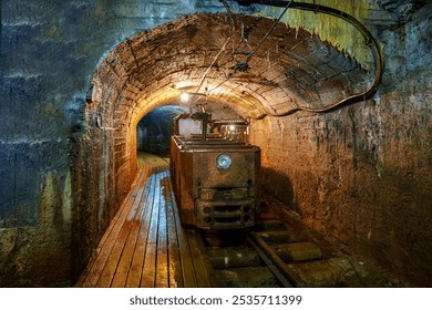 Old rusty mining train in a dark tunnel under the mountain. The tunnel is illuminated by a few light bulbs, with wooden tracks and walls made of carved rocks in an abandoned silver mine. - Powered by Shutterstock