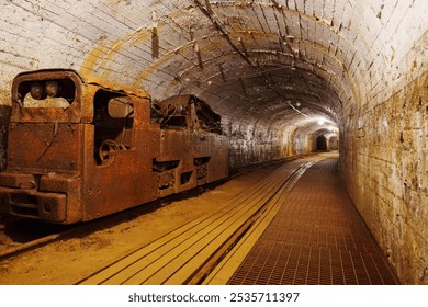 An old rusty mining train sits abandoned in a dark tunnel. The tracks lead into the shadows, creating a mysterious atmosphere, ideal for stories about mining and industry. - Powered by Shutterstock