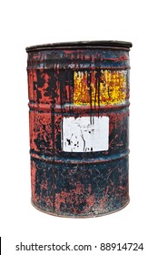 Old Rusty Oil Drum With White Sticker On White Isolated Background