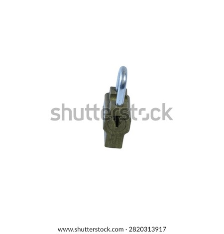 Old rusty padlock attached to chain on white background