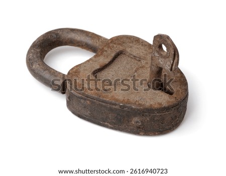 Old rusty padlock and key isolated on white