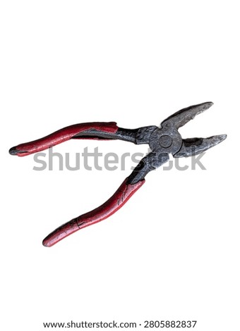 An old, rusty pair of combination pliers with worn red rubber-insulated handles, isolated on a clean white background.