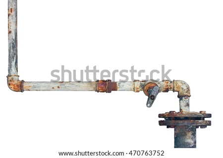 Old rusty pipes, aged weathered isolated grunge rust iron pipeline and plumbing connection joints, industrial tap fittings, faucets, valve, large detailed horizontal closeup