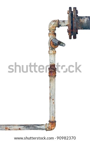 Old rusty pipes, aged weathered isolated grunge iron pipeline and plumbing connection joints with industrial tap fittings, faucets and valve