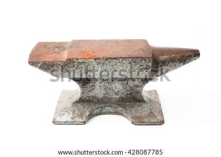 Old rusty rugged anvil foundry isolated white background.