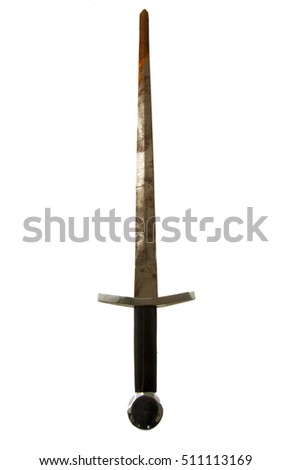 Old rusty sword isolated over white background, vertical image