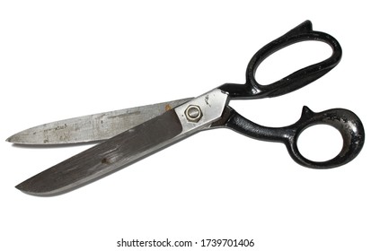 Old Rusty Tailoring Scissors, Big, With Black Handles And Metal Blades, Open, Isolated, Close Up, On A White Background. 