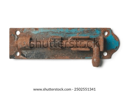 old rusty tower bolt hinge and lock isolated white background in close-up view, corroded door, window or gate locking hardware