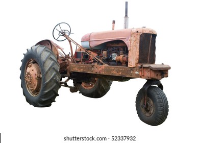 An Old Rusty Tractor Isolated on White