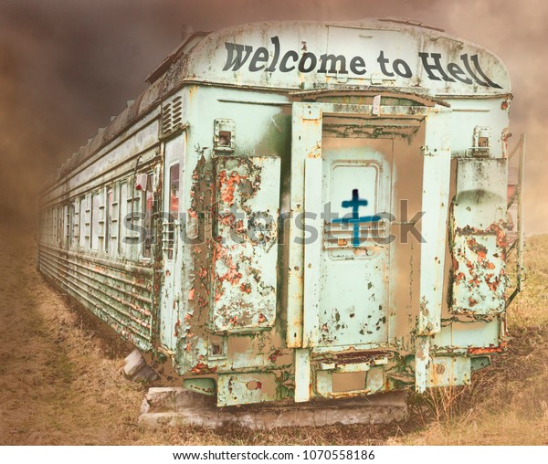 Old rusty trains. The sky is dark. The inscription\
is welcome to hell rusty trains. The sky is dark. The inscription\
is welcome to hell