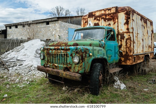 Old rusty truck GAZ 53 on the street. Stara\
Krasnyanka, Ukraine\
04/08/2017