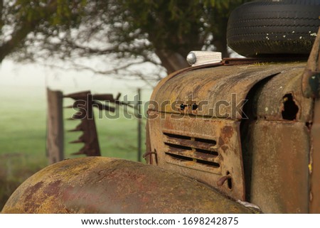 Old rusty truck sits in a rural paddock amongst the trees. 