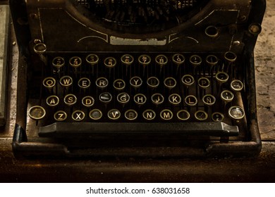 Old Rusty Typewriter Keyboard On Wood Desk, Top View. Writer Profession, Story Teller, Imagination Concepts