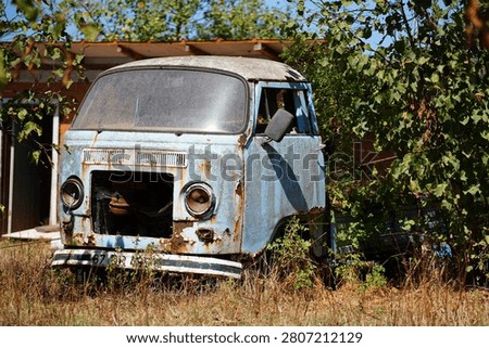 An old, rusty van was abandoned in a field, surrounded by overgrown plants under the bright sunlight