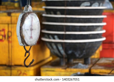 An Old And Rusty Vintage Scale To Weigh Fish And Seafood At The Fish Market In Jakarta, Indonesia.