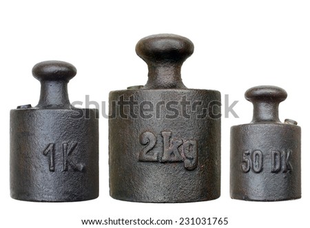 old and rusty weights on white background