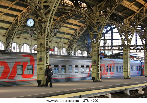 Old RZD\
russian railways train on platform at Vitebsky railway station in\
St. Petersburg, Russia on April 21,\
2019