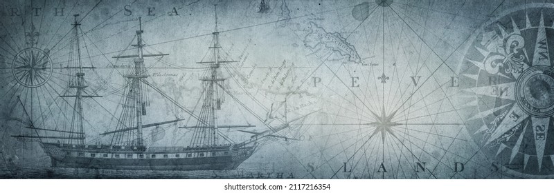 Old sailboat, compass and ancient  map historical background. A concept on the topic of sea voyages, discoveries, pirates, sailors, geography and history. Efect of overlay on old texture of paper.  - Shutterstock ID 2117216354