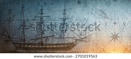 Old sailboat, compass and ancient  map historical background. A concept on the topic of sea voyages, discoveries, pirates, sailors, geography and history. Efect of overlay on old texture of paper. 