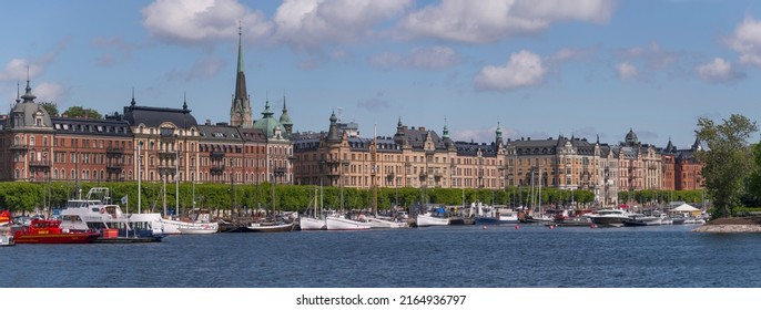 Old Sailing And Fishing Boats At Piers At The District Östermalm A Sunny Day In Stockholm, Sweden 2022-06-01