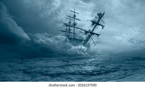 An old sailing ship in the mist sails towards the rocks    Sailing old ship in storm sea in the background stormy clouds