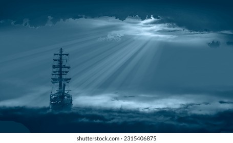 An old sailing ship in the mist sails towards the rocks with amazing lighthouse - Sailing old ship in a storm sea in the background stormy clouds - Powered by Shutterstock