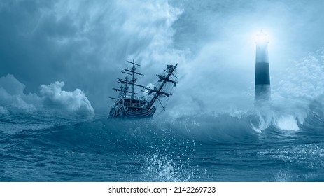 Old sailing ship at the stormy sea with lighthouse on the background and foreground power sea wave  - Shutterstock ID 2142269723
