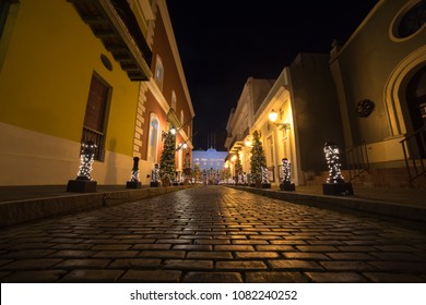 Old San Juan, Puerto Rico/USA - December 16 2016: Night Time Shot Of The Governor's House Before Christmas In Old San Juan