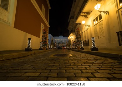 Old San Juan, Puerto Rico/USA - December 16 2016: Night Time Shot Of The Governor's House Before Christmas In Old San Juan