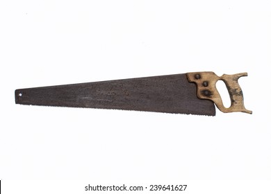  OLd saw with the wooden handle isolated on white background