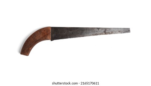 Old saw with wooden handle Rusted antique carpenters hand saw isolated on white