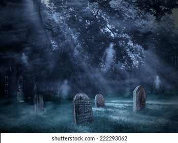 Old Scary Graveyard With Flying Ghosts